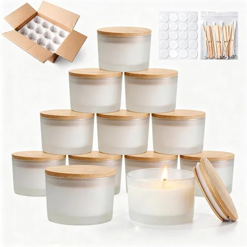 Miniatura 17 de Tarros de vela de vidrio de 4 onzas, paquete de 12 tarros pequeños para hacer velas, tarros vacíos de vidrio grueso de boca ancha con tapas de bambú