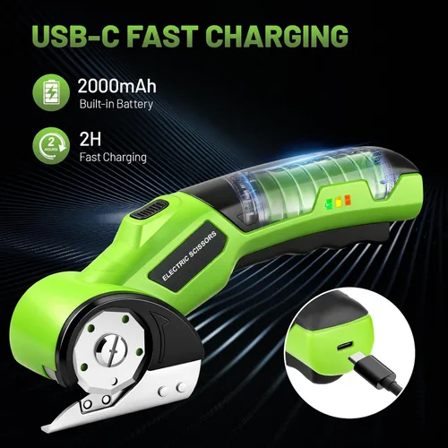 Miniatura 5 de Tijeras eléctricas inalámbricas, cortador de cartón giratorio recargable de 4 V con 2 cuchillas de bloqueo de seguridad y luz LED, cable USB
