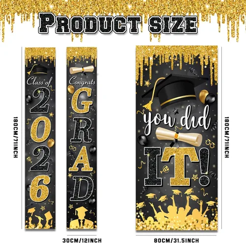 Miniatura 2 de Decoraciones de graduación negras y doradas para la clase de 2026 con texto en inglés "Congrats Grad and You Did It" para suministros de fiesta