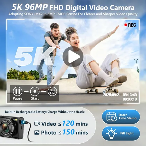 Miniatura 2 de Cámara digital 5K 96MP para fotografía con zoom óptico 6X, cámara de enfoque automático mejorada 2026 para YouTube con doble lente, tarjeta de 64