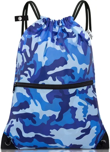 Mochila deportiva con cordón, bolsa de gimnasio para yoga, viajes, para mujeres y hombres, tamaño grande con bolsillos con cremallera, Camuflado