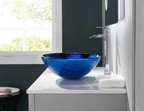 Miniatura 2 de Blue OceanMystery Series - Fregadero de baño de vidrio templado decorativo en azul estrellado Fregaderos de montaje superior sobre encimera