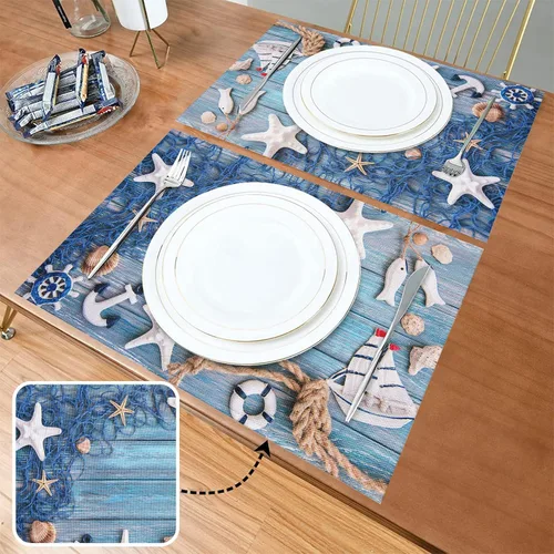 Miniatura 4 de Juego de 8 manteles individuales azules con diseño náutico de verano, diseño de estrella de mar, red antideslizante, resistente al calor, tela