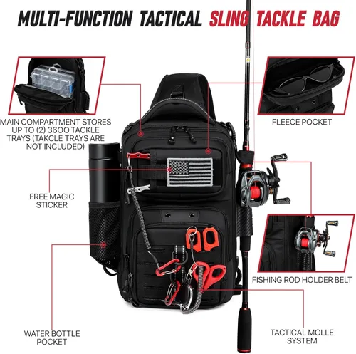 Miniatura 2 de Bolsa de pesca con soporte de caña de pescar, calcomanías fijas, sistema MOLLE, cebo suave y almacenamiento de equipos, regalo para hombres, negro