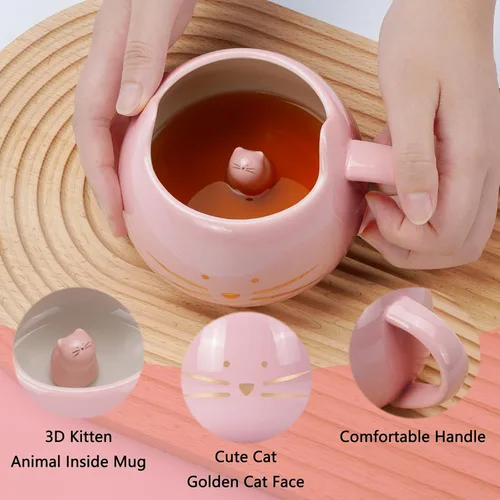 Miniatura 3 de Taza de gato Koolkatkoo Lindas tazas de café de cerámica Tazas de té novedosas con animal 3D oculto en la taza para mujeres Niñas Regalos para Rosa