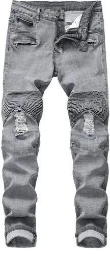 QIMYUM Jeans ajustados para hombre, jeans ajustados rasgados para hombre, jeans de motociclista, elásticos, pantalones de mezclilla de Moto Cargo