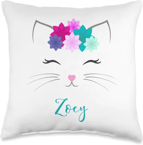 Kitty Cat Zoey Nombre Regalos Zoey Nombre Regalo Niñas Personalizado Gatito Gato Dormitorio Decoración Almohada Manta Cojín 16x16, Multicolor