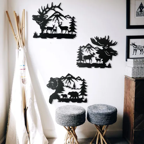 Miniatura 2 de NewVees Arte de pared rústico grande de 14 pulgadas, diseño de oso de ciervo negro, alce, decoración de caza, decoraciones para el hogar, baño
