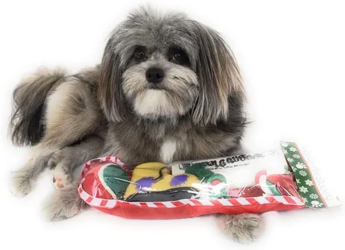 Miniatura 2 de Calcetín de Navidad para perros. Juguete de periódico chirriante, juguete de bota chirriante, una pelota de tenis roja, verde y blanca y una cuerda
