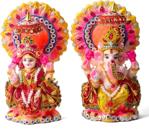 Craftsman (6-6.5 pulgadas, hermoso juego de figuras Laxmi Ganesha – Ídolo de arcilla brillante hecho a mano, perfecto para decoración del hogar,