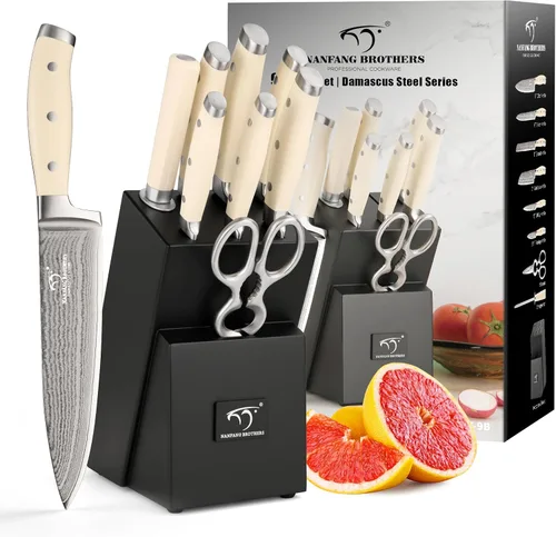 Miniatura 11 de NANFANG BROTHERS 9-Piece Damascus Kitchen Knife Set, 67-Layer VG10 Japanese Steel, Professional Chef Knives with Compact Wooden Block