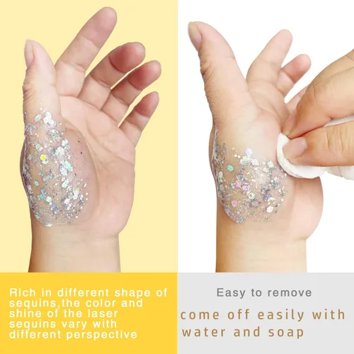 Miniatura 8 de MEICOLY Juego de purpurina negra y blanca transparente, gel de purpurina de cara de sirena, accesorios para festivales de cantantes, accesorios