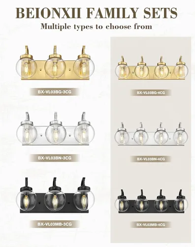 Miniatura 9 de Beionxii BX-VL03BG-3CG - Lámpara de tocador de baño de 3 luces de oro cepillado, modernas luces de tocador con pantalla de vidrio transparente