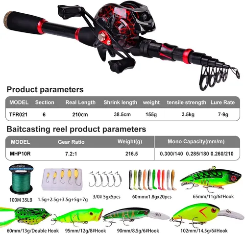 Miniatura 4 de Combo de caña de pescar y carrete, caña de pescar telescópica de fibra de carbono de 6.9 pies con combo de carrete de spinning/baitcasting, agua B