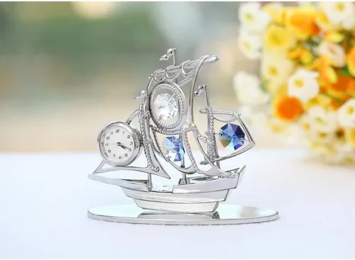 Miniatura 4 de Matashi Adorno de reloj de vela plateado cromado con cristales azules, elegante reloj de mesa para sala de estar o hogar, regalo de recuerdo