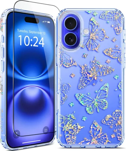Miniatura 16 de Funda para iPhone 16, con protector de pantalla, linda para mujeres y niñas, funda protectora de grado militar de 10 pies para iPhone 16, funda