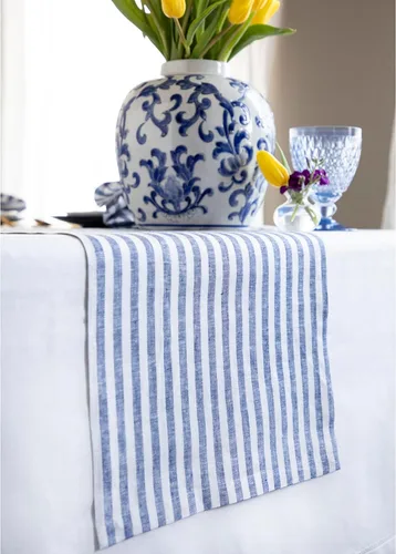 Miniatura 2 de Solino Home Camino de mesa de lino de 36 pulgadas – Amalfi Stripe 100% lino puro, camino de mesa azul marino y blanco, 14 x 36 pulgadas, ideal