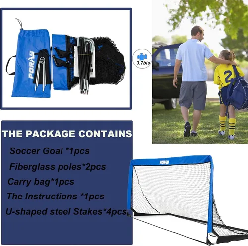 Miniatura 3 de Portería de fútbol portátil de Poray con red emergente para niños y adultos con tela Oxford de 210D y estacas extra, regalo de cumpleaños y Azul