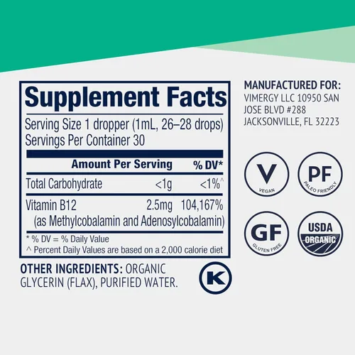 Miniatura 5 de Vimergy Suplemento orgánico de vitamina B12 líquida USDA de 2500 mcg, metilcobalamina y adenosilcobalamina, apoyo energético, veganas, vitaminas B12