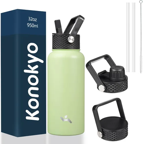 Miniatura 120 de Konokyo - Botella de agua aislada de 18 onzas, botellas deportivas de acero inoxidable con 3 tapas, verde militar
