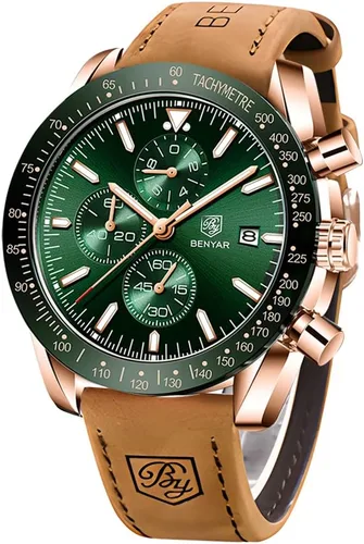 Miniatura 8 de BENYAR - Relojes para hombre, cronógrafo de cuarzo, marca de lujo, impermeable, relojes de pulsera de cuero marrón a la moda para hombres