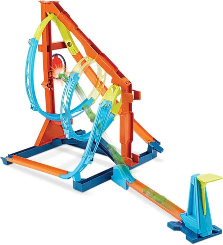 Miniatura 4 de Hot Wheels Juego de pistas de coche de juguete, kit de torsión de sacacorchos ilimitado y vehículo a escala 1:64, 2 formas de correr, se conecta a