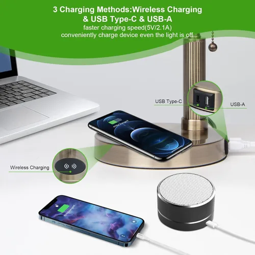 Miniatura 2 de FIRVRE Lámpara de Escritorio de Banco de Vidrio con Puerto de Carga Inalámbrica USB Lámpara de Escritorio LED Lámpara de Mesa con Cadena de Tirón