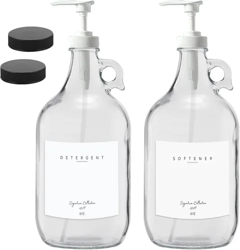 Dispensador de detergente para lavandería – Dos jarras de vidrio de medio galón para dispensador de suavizante de tela, dispensador de jabón líquido