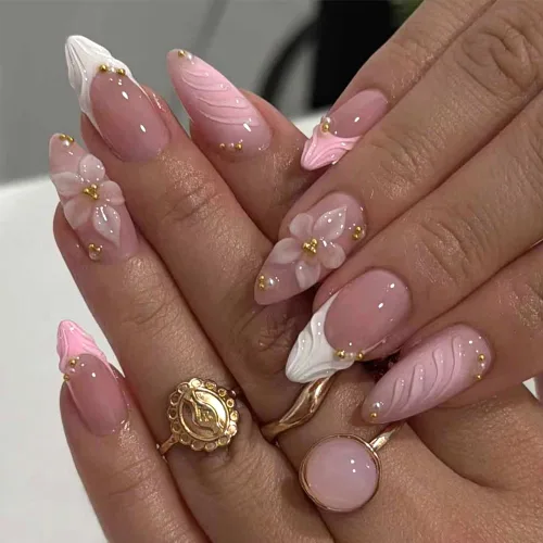 Miniatura 15 de 24 uñas postizas a presión de punta francesa, uñas acrílicas medianas falsas/falsas con diamantes de imitación de flores, diseños de punta francesa