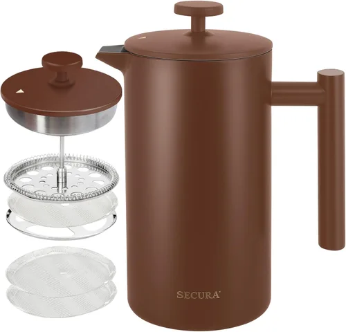 Miniatura 13 de Secura Cafetera de Prensa Francesa, Prensa de Café de Acero Inoxidable de Doble Pared Grado 304 con 2 Filtros Adicionales, 34oz (1L), Rojo