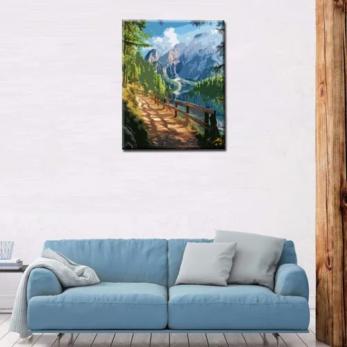Miniatura 3 de Pintura enmarcada de río de montaña al atardecer por números para adultos, niños principiantes, kit de pintura de árboles con escarcha de 16 x 20