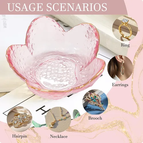 Miniatura 6 de Regalos para mujeres, plato para baratijas con flores, plato para joyería de vidrio rosa, soporte para anillos, bandeja de joyería, decoración
