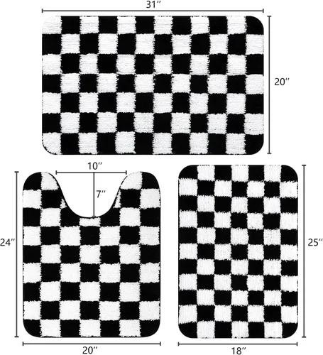 Miniatura 2 de Uphome Juego de alfombras de baño de 3 piezas, juego de alfombras de baño a cuadros en blanco y negro, antideslizantes, lavables a máquina, tapete