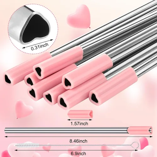 Miniatura 2 de Jutom Paquete de 8 pajitas de metal con forma de corazón, reutilizables, de acero inoxidable con puntas de silicona, lindas con 2 cepillos de Rosa