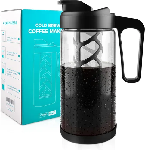 wedrink Cafetera fría de 44 onzas, jarra de vidrio de borosilicato de 1.3 L con mango cómodo, filtro extraíble y parte inferior de silicona