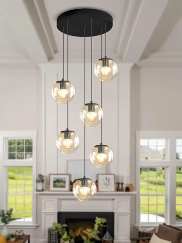 Miniatura 63 de ykolupty Escalera LED de 10 luces LED moderna con globo de cristal, lámpara colgante grande para techos altos, accesorios de iluminación de entrada