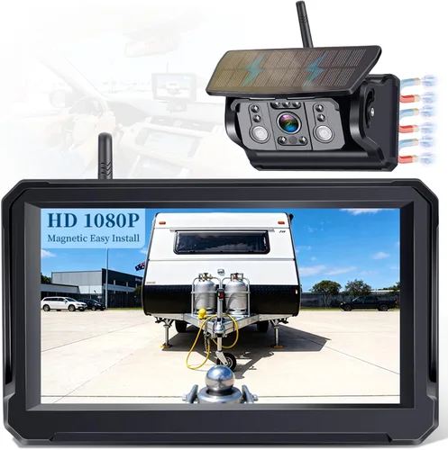 Cámara de respaldo inalámbrica solar para camión: cámara magnética sin cableado para camionetas - Pantalla dividida HD de 1080P de 5 pulgadas, fácil