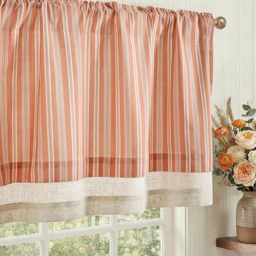 Miniatura 15 de jinchan Cenefa de Lino a Rayas para Ventanas de 16 Pulgadas Cortinas Opacas para Ventana Pequeña Estilo Granja Cenefa de Doble Capa para Sala