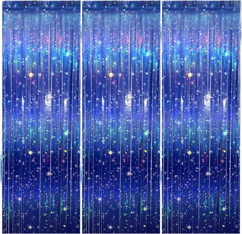 Miniatura 7 de 3 piezas de cortinas de papel de aluminio con temática de galaxia para decoraciones de fiesta espacial, 3.3 x 6.6 pies, cortinas de oropel azul