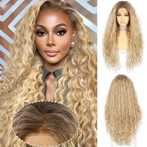 Miniatura 11 de SAPPHIREWIGS Pelucas de encaje frontal color marrón, sin pegamento, onda de agua, de encaje frontal sintético, para mujeres afrodescendientes