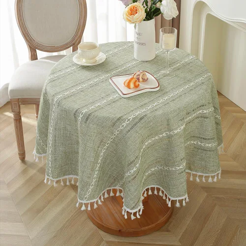 Miniatura 15 de meioro Mantel rústico, mantel rectangular de algodón texturizado de lino con borla, mantel de tela resistente para granja con bordado de rayas