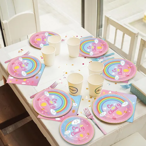 Miniatura 7 de 96 piezas de decoraciones de cumpleaños de On Cloud 9 para niñas, suministros de platos y servilletas de fiesta On Cloud 9, juego de vajilla