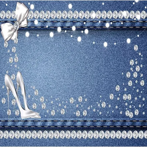 Miniatura 6 de AOFOTO Telón de fondo azul de mezclilla y diamantes de 5 x 3 pies con purpurina y tacones de cristal con lazo, fondo de fotografía para mujeres