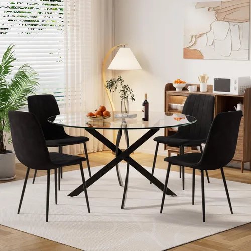 Miniatura 23 de Moderno juego de mesa redonda de vidrio para 4, 36 pulgadas, pequeña base negra de vidrio templado con 4 sillas de comedor minimalistas beige, juego