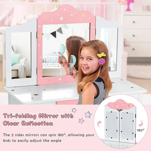 Miniatura 3 de Costzon Juego de tocador para niños con espejo, tocador de maquillaje de princesa 2 en 1 con parte superior desmontable, tocador para niñas pequeñas