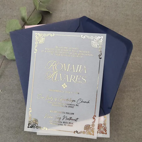 Miniatura 5 de Juego de 10 invitaciones de quinceañera, invitaciones de membrillo Gold Mis para niña de 15 cumpleaños, tarjetas de quinceañera de vellum