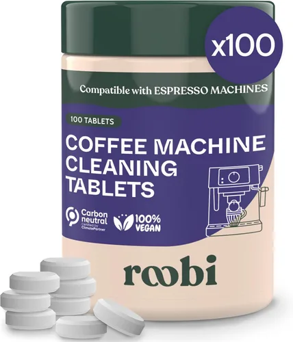 Roobi - Pastillas limpiadoras para máquina de café expreso. Limpiador de máquina de café en pastillas. Paquete de 100 pastillas limpiadoras de café