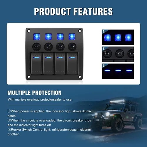 Miniatura 5 de Panel de Interruptores Marinos de 4 Posiciones Impermeable, Panel de Interruptores Basculantes de Barco Impermeable 12V/24 voltios Interruptor