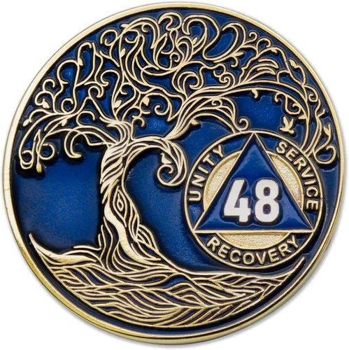 Miniatura 150 de 20 Year Sobriety Mint Twisted Tree of Life - Medallón de recuperación AA chapado en oro, fichas y fichas, color negro
