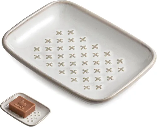 Miniatura 14 de Gomakren Jabonera para ducha, soporte de cerámica para jabón con diseño de panal, bandeja ahorradora de jabón para fregadero de cocina y baño, Beige